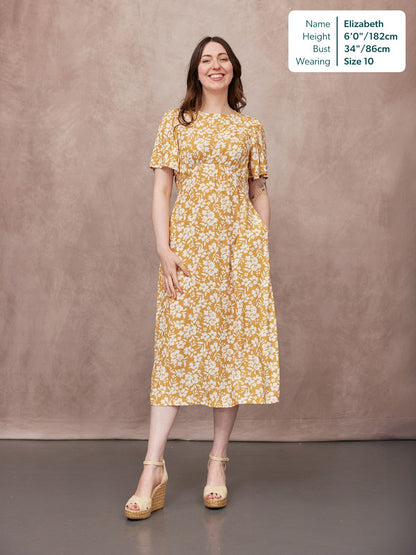 Rupali Angel Sleeve Tea Dress - Mustard & Ecru Floral Print