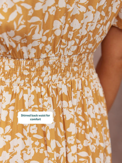Rupali Angel Sleeve Tea Dress - Mustard & Ecru Floral Print