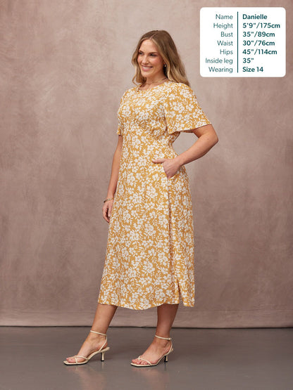 Rupali Angel Sleeve Tea Dress - Mustard & Ecru Floral Print