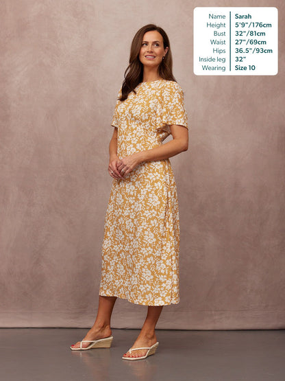 Rupali Angel Sleeve Tea Dress - Mustard & Ecru Floral Print