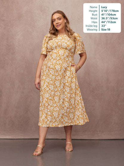 Rupali Angel Sleeve Tea Dress - Mustard & Ecru Floral Print