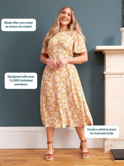 Rupali Angel Sleeve Tea Dress - Mustard & Ecru Floral Print