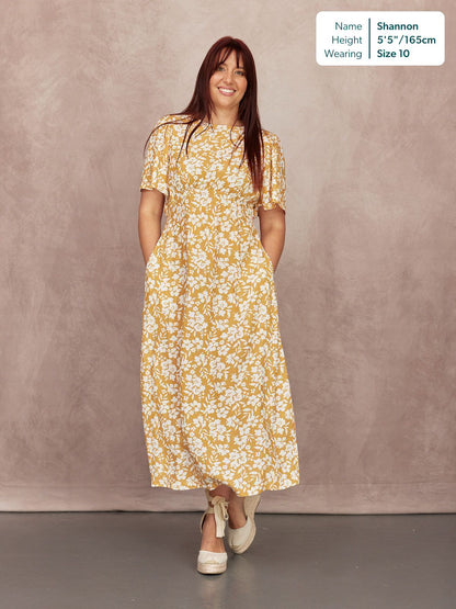Rupali Angel Sleeve Tea Dress - Mustard & Ecru Floral Print