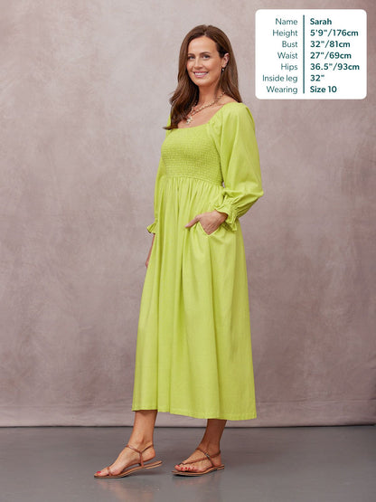 Sam Shirred Dress - Chartreuse