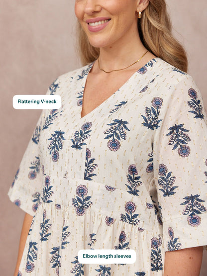 Tara Lurex Summer Dress - White & Blue Floral Print