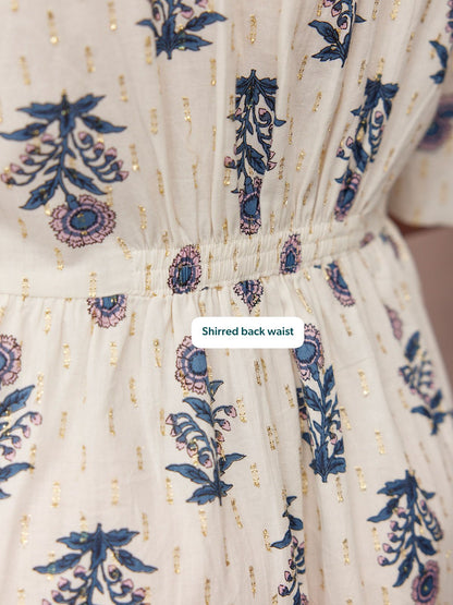Tara Lurex Summer Dress - White & Blue Floral Print