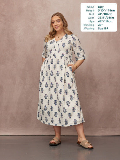 Tara Lurex Summer Dress - White & Blue Floral Print