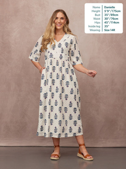 Tara Lurex Summer Dress - White & Blue Floral Print